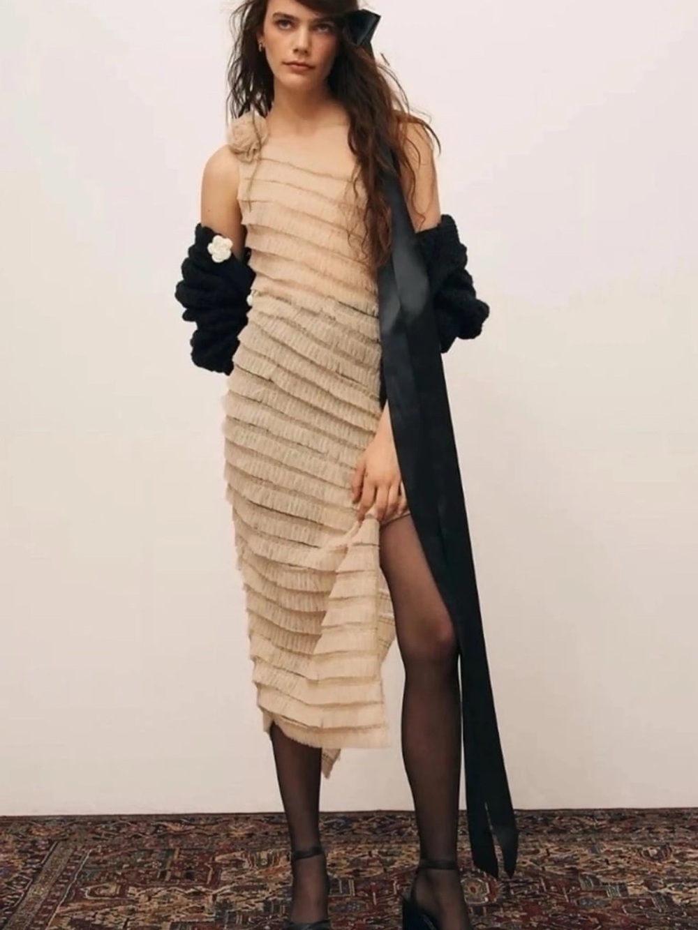Kimchi Blue One-Shoulder Tiered Ruffle Midi Dress in Beige